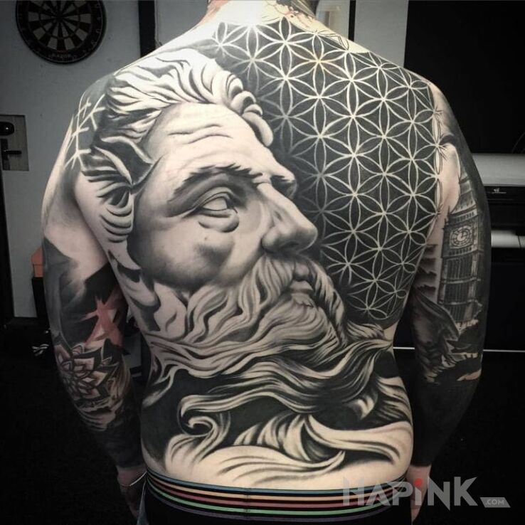 Tattoo Brodacz in faces motif on the back
