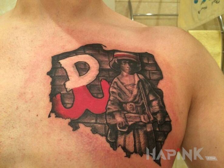 Tattoo Polska w sercu in patriotic motif on the chest