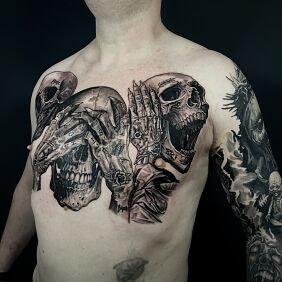 Tattoo I see no evil hear no evil speak no evil skulls on the chest motif: dark style: realistic