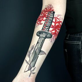 Tattoo Katana sword red accent On the arm motif: colorful style: graphic / illustrative