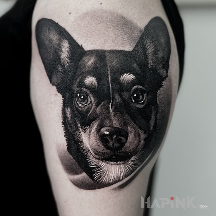 Tattoo Dog in animals motif and realistic style on the upper arm