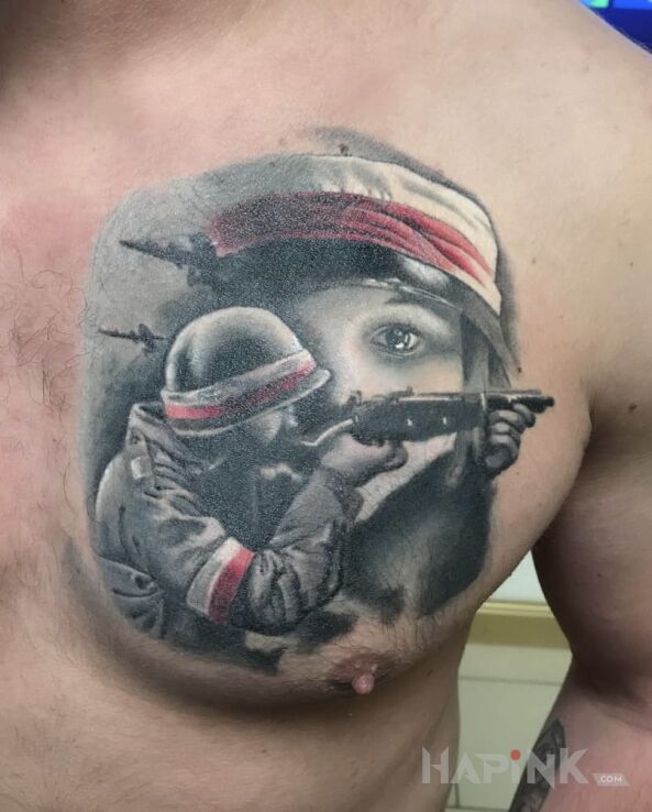 Tattoo Patriotyczny tatuaż in patriotic motif and realistic style on the breast