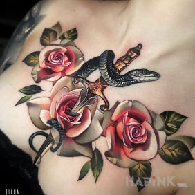 Tattoo Feminine snake composition among roses on the breast motif: 3D style: realistic