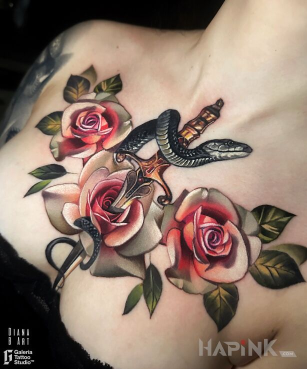 Tattoo Feminine snake composition among roses in colorful motif and realistic style on the chest