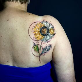 Tattoo Two Faces of One Sunflower on the back motif: flowers style: graphic / illustrative