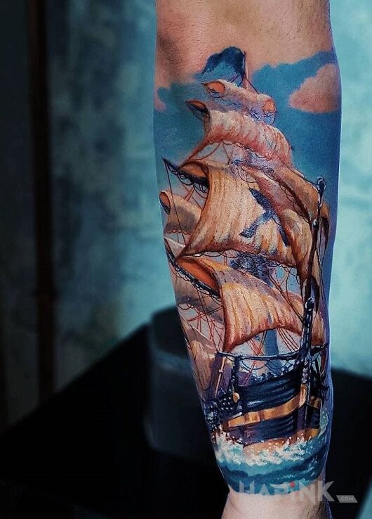 Tattoo Battleship in 3D motif and realistic style on the forearm