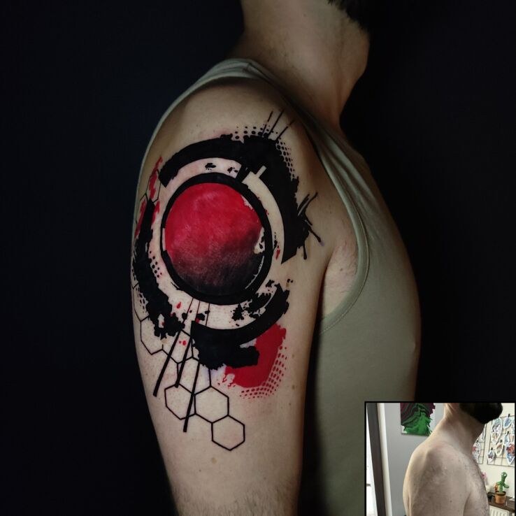 Tattoo Abstract black and red geometry on shoulder scar in other motif and abstract style On the arm