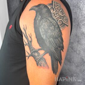 Tattoo Raven Cover on the upper arm motif: cover-up style: Celtic / Nordic