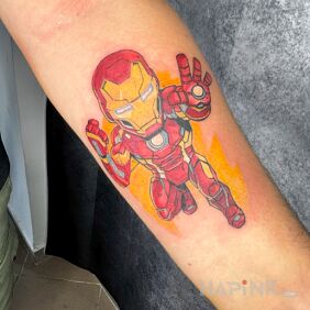 Tattoo Colorful Ironman on the forearm motif: characters style: cartoon / comic book