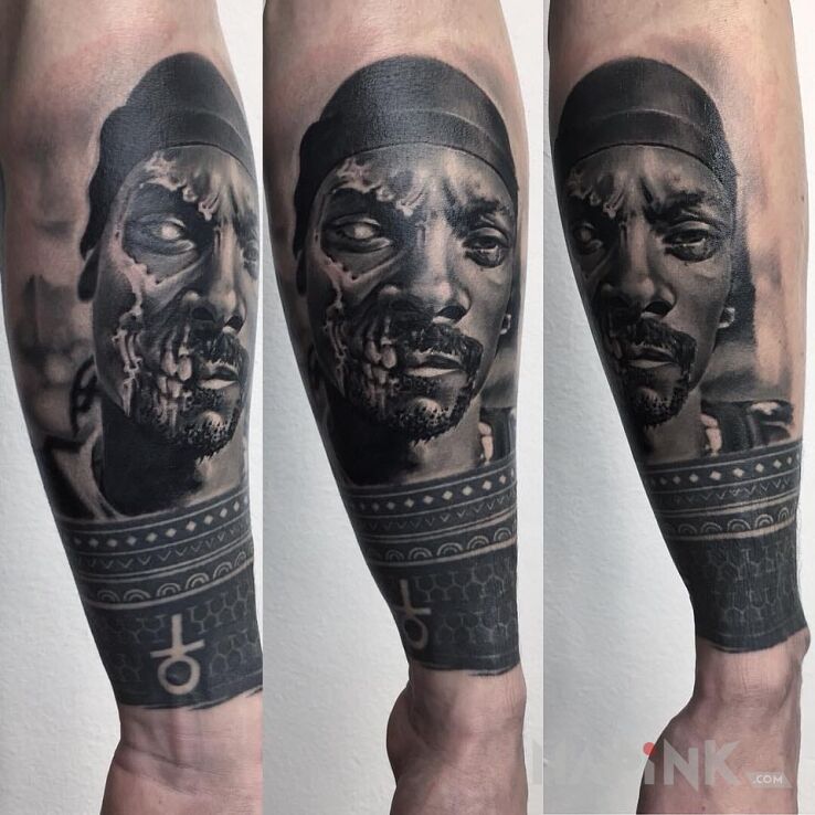 Tattoo Snoop Dogg in 3D motif and realistic style on the forearm