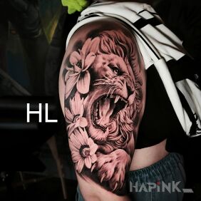 Tattoo Lion on the upper arm motif: zodiac signs style: realistic