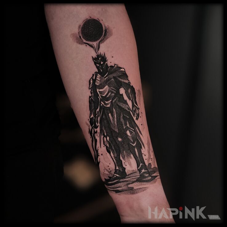 Tattoo Dark Souls in black and gray motif and graphic / illustrative style On the arm