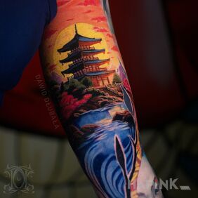 Tattoo Japanese Temple on the bicep motif: religious style: japanese / irezumi