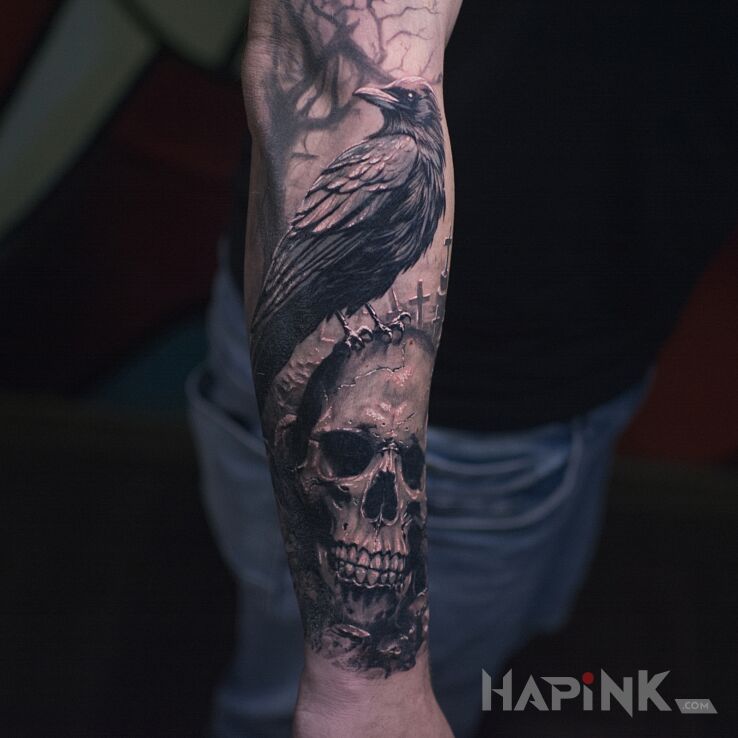 Tattoo Memento Mori in animals motif and realistic style On the arm