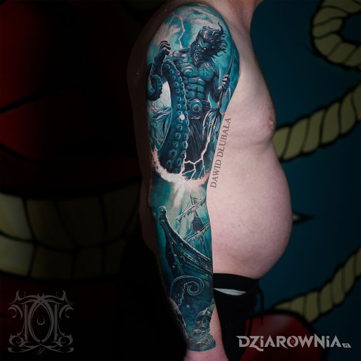 Tatuaż Posejdon vs kraken w motywie kolorowe i stylu realistyczne na ręce