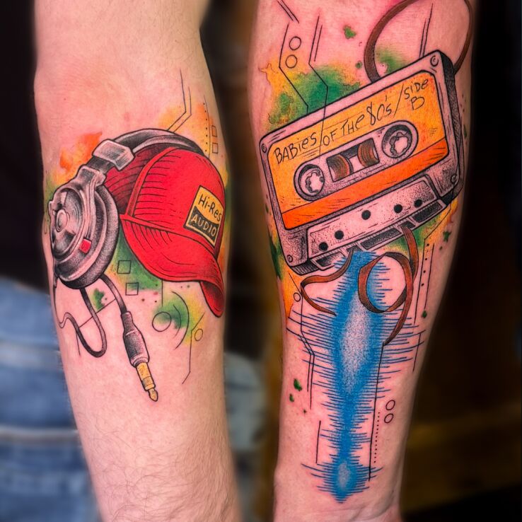 Tattoo Musical Attributes in objects motif and neo-traditional style on the forearm