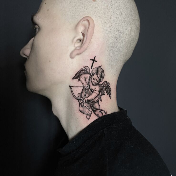 Tattoo Angel Cupid Wings Bow Arrow Cross Neck in angels motif and graphic / illustrative style on the neck