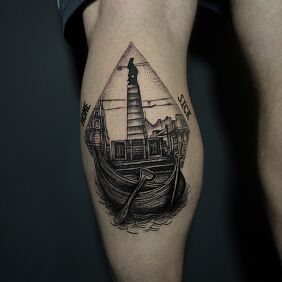 Tattoo Symbols of the city of Łódź on the calf motif: other style: graphic / illustrative