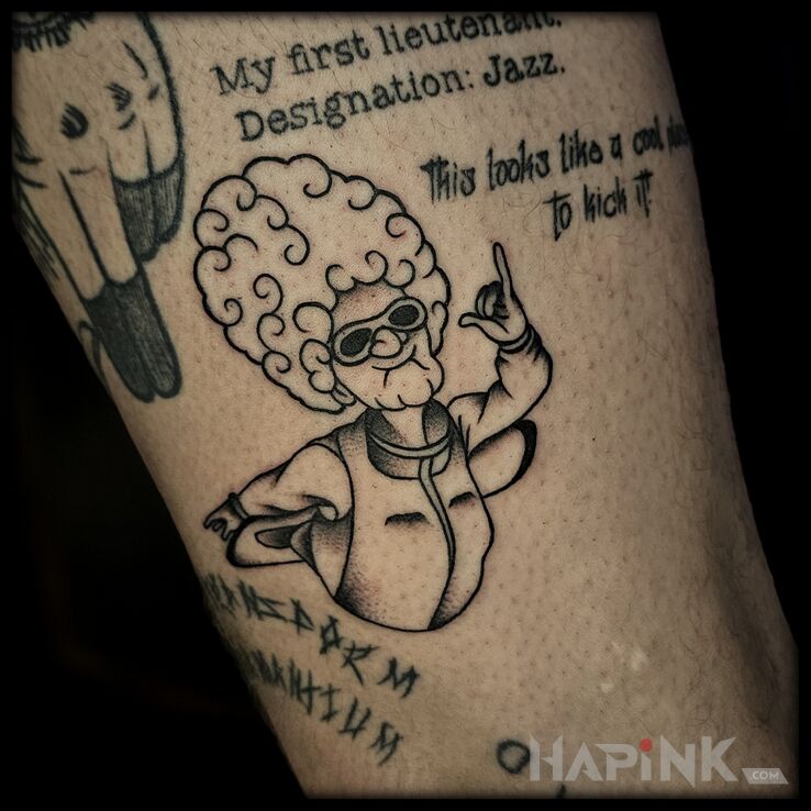 Tattoo Grandma from "Little Red Riding Hood - The True Story" in graphic / illustrative style on the leg