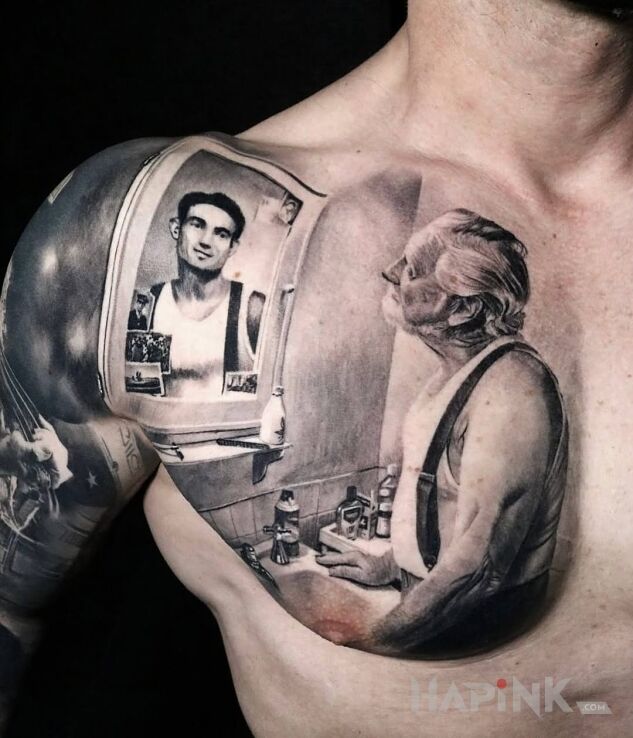 Tattoo Memory of Youth in characters motif and realistic style on the chest