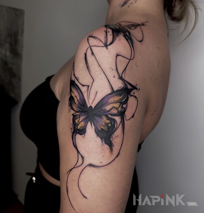 Tattoo Butterflies in colorful motif and graphic / illustrative style on the shoulder
