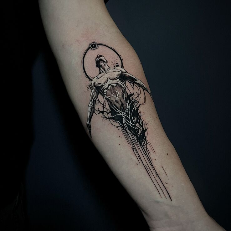 Tattoo Floating Figure in black and gray motif and graphic / illustrative style on the forearm