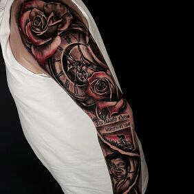 Tattoo Clock Roses Family Passion On the arm motif: objects style: realistic