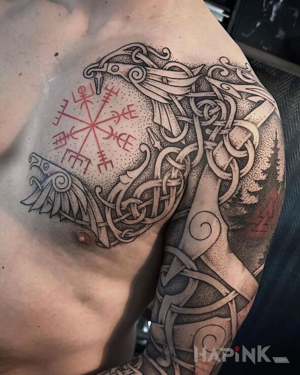 Tattoo Scandinavian style in black and gray motif and graphic / illustrative style on the shoulder