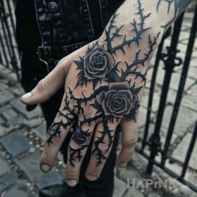 Tattoo Two Roses in Thorns on the hand motif: black and gray style: graphic / illustrative