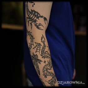 Tatuaż Prawie gotowy rękaw w oldschoolu na przedramieniu motyw: zwierzęta styl: oldschool
