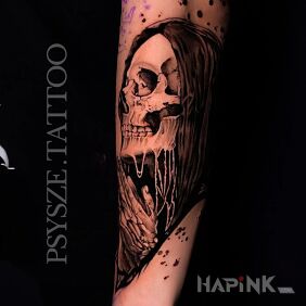 Tattoo Dark Skull in Dotwork on the forearm motif: skulls style: realistic