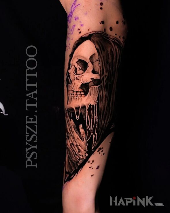 Tattoo Dark Skull in Dotwork in skulls motif and realistic style On the arm