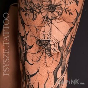 Tattoo Moth in dotwork on the leg motif: flowers style: dotwork