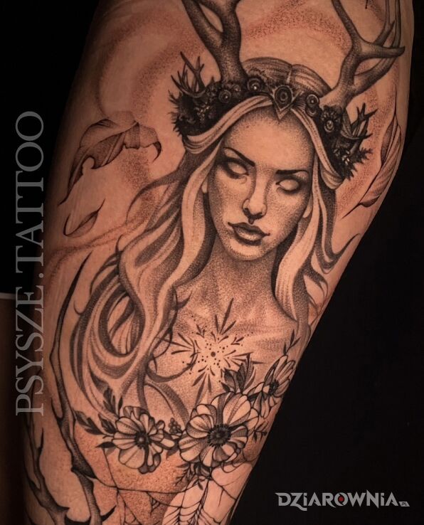 Tatuaż Portret leśnej zjawy w motywie twarze i stylu dotwork na udzie