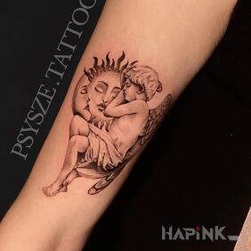 Tattoo Cupid embracing the moon and sun on the forearm style: graphic / illustrative