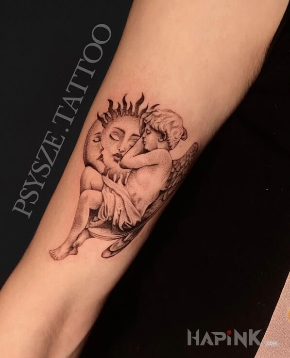 Tattoo Cupid embracing the moon and sun in characters motif and graphic / illustrative style on the forearm