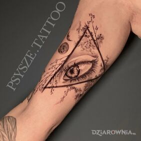 Tatuaż Oko w florystycznym trójkącie na bicepsie motyw: florystyczne styl: surrealistyczne