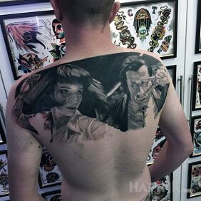 Tattoo Pulp fiction on the shoulder blades motif: 3D style: realistic