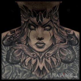 Tattoo Jellyfish settled on the neck on the neck motif: characters style: dotwork