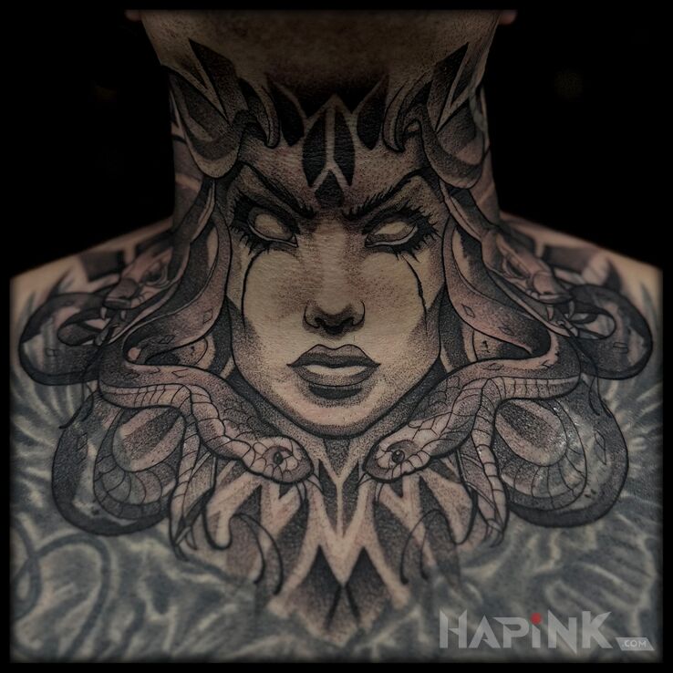 Tattoo Jellyfish settled on the neck in characters motif and graphic / illustrative style on the throat