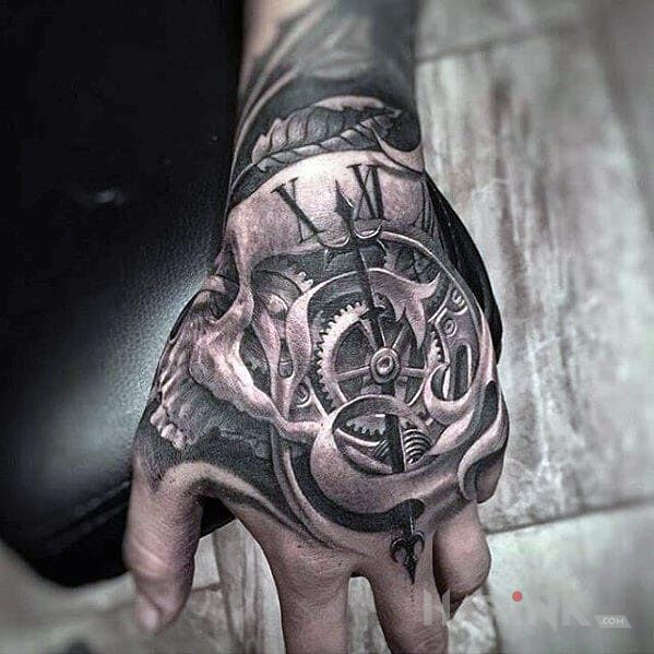 Tattoo Zegarr in skulls motif and realistic style on the hand
