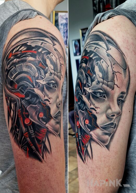 Tattoo Cyber in colorful motif and realistic style On the arm