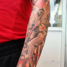 Tattoo Composition containing delicate shadows and transitions, and very thin lines, with color elements on the forearm motif: sleeves style: cartoon / comic book