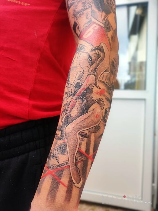 Tattoo Composition containing delicate shadows and transitions, and very thin lines, with color elements in black and gray motif and cartoon / comic book style On the arm