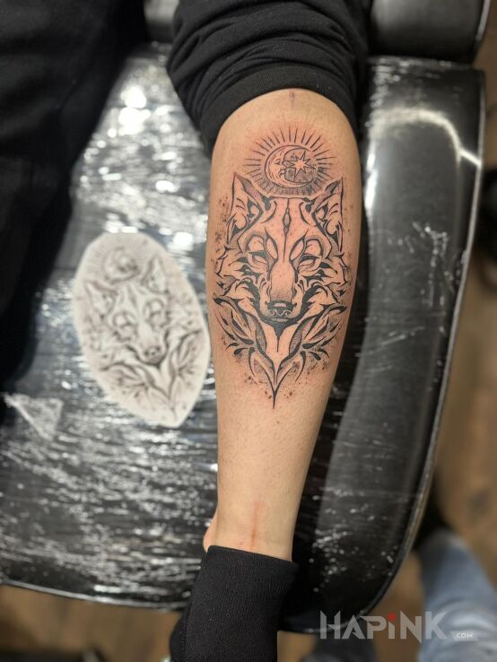 Tattoo Composition with white omission, using natural skin tone to build depth in black and gray motif and engravings / gravure style on the calf