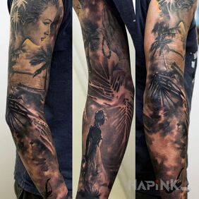 Tattoo Girl on the beach on the forearm motif: faces style: realistic