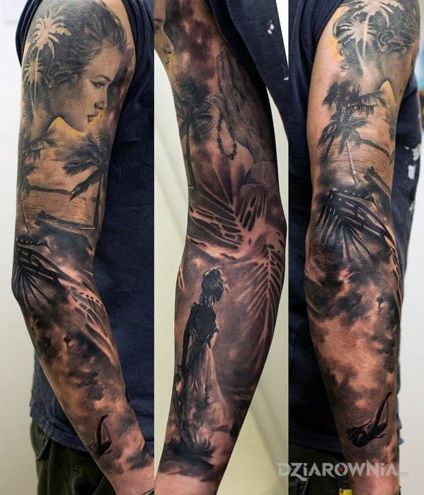 Tatuaż dziewczyna na plaży w motywie rękawy i stylu realistyczne na przedramieniu