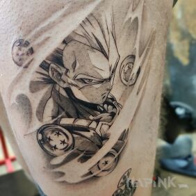 Tattoo Vegeta with white omission on the thigh motif: manga / anime style: graphic / illustrative