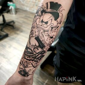 Tattoo Oldschool style composition, with white omitted on the forearm motif: casino style: graphic / illustrative