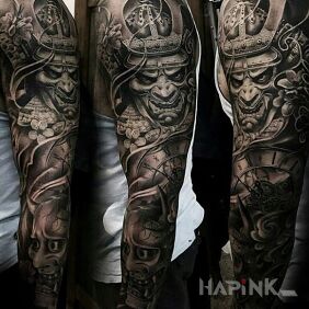 Tattoo Samurai sleeve on the upper arm motif: demons style: realistic